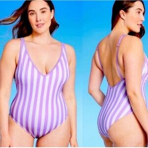 Kona and Sol lavender and white pinstripe swimsuit in medium